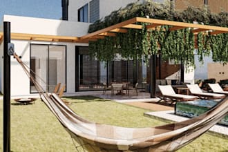 remodel3d forest log house,playing garden,pool side render,exterior design,roof