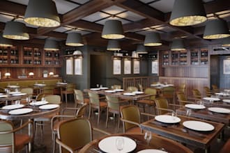 design modern restaurant,cafe interior,dining area, buffet area,wooden furniture