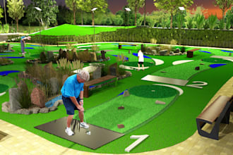 do 3d club golf, mini golf court holes, and renderings of indoor golf simulator