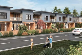 renovate 3d townhouses,suburban housing,cgi real estate villas,landscape render