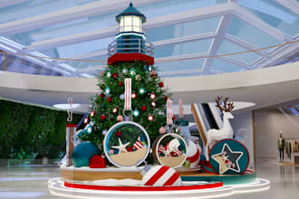 3d shopping mall decor,christmas ornament,festive art design,lighting,cgi render