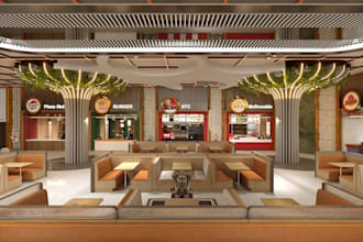 enhance cgi foodcourt,cafe restaurant,pizzeria render,3d dining layout,d5 lounge