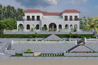 organize 3d mansion house,brick exterior villa,3d balcony,terraced garden render