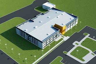 draw industrial store plan, logistic warehouse, shed, truck park, landscape, cgi