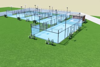 design 3d paddle court club, pickleball, baseball sports complex facility render