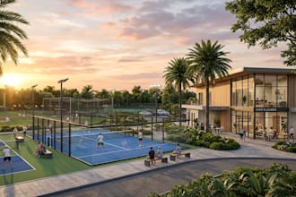 design 3d paddle court club, pickleball, baseball sports complex facility render