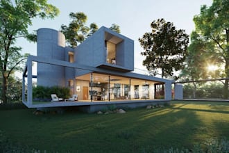 3d luxurious villa, exterior layout,cantilever design,fenced garden, cgi render