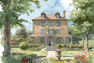 sketch architecture building with watercolor rendering