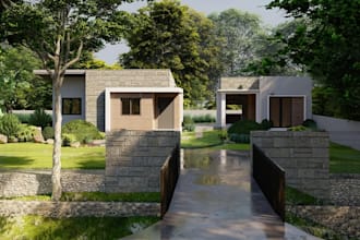 revit3d tropical house redesign,exterior living space,lush landscape render,flat
