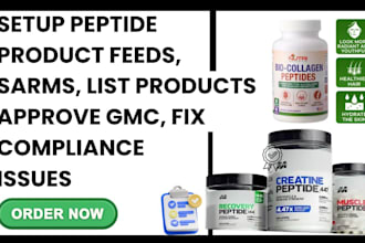 setup peptide product feeds, list products gmc compliance and fix issues