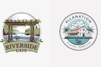 create hand drawn riverside cafe, antique plantation, pool spa logo