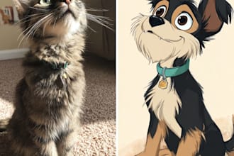 draw disney portrait cartoon character, pet, family illustration art
