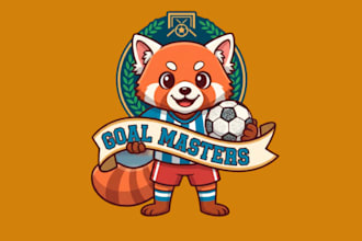 design happy cartoon mascot with a ball and a banner logo design service