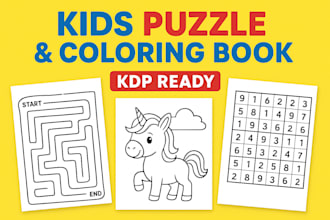 design kids activity book for KDP with puzzles, coloring pages