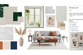 design creative interior design mood board, furniture layout, shopping list