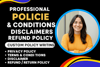 write privacy policy, terms and conditions, disclaimer and refund policy
