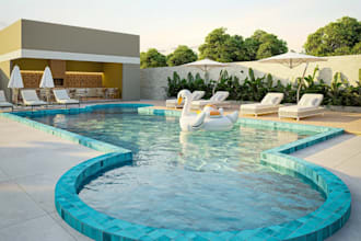 renovate 3d resort lounge,outdoor pool deck,cgi restaurant interior,hotel render