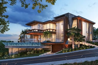 buildup 3d modern luxury villa, tropical exterior, facade, infinity pool render