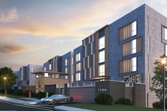 design 3d multi story building, complex apartment, urban house, facade elevation