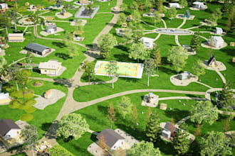do 3d community park design, playground, town park, public garden design