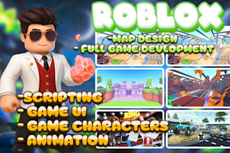 do full roblox game, low poly map environment, roblox character and animations