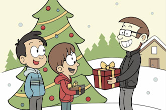 make a group christmas caricature cartoon, holiday gift card