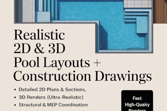 design realistic 2d, 3d swimming pools with construction drawings renders