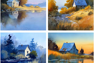 hand paint landscape, house, building in digital watercolor painting