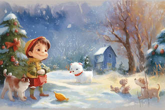 create festive childrens book illustrations, magical holiday and christmas book