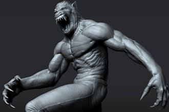 model realistic werewolf,scary creature sculpt in zbrush for 3d printing,animal