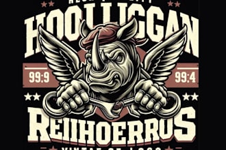 do high quality hooligan rhinoceros logo with t shirt design