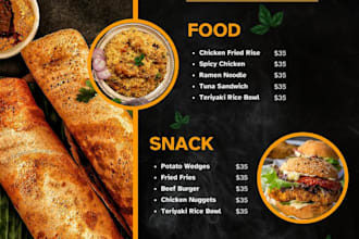 design a complete restaurant menu, food flyer, poster, poster