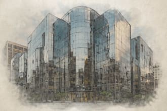 hand drawn digital watercolor architectural art