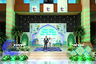 decorate 3d festive stage,event space design, carnival setup,lighting,cgi render
