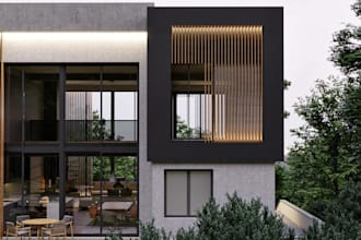 modern house villa, 3d exterior landscape rendering, interior architect design