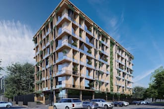 revamp 3d apartment building,modern architecture,wooden facade,landscape render