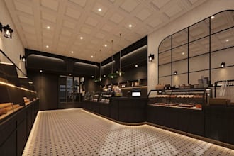 aesthetic mix use area,bakery and cafe design,cgi 3d render,interior walkthrough