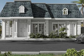 restyle house exterior, sharp gable roof, modern outdoor, cottage, cgi rendering