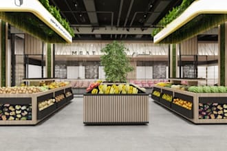 do 3d retail store, grocery store, supermarket design, showroom, shopping mall