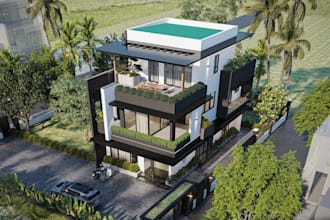 rehab 3d house exterior,duplex villa design,rooftop apartment, terrace rendering