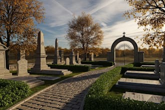 design photorealistic 3d graveyard, tombstone, headstone, monument, memorial