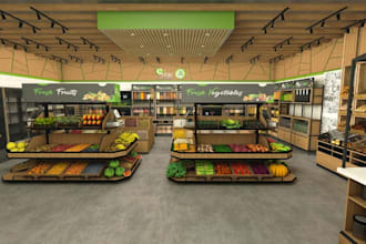 2d, 3d shopping mall, food mart supermarket interior boutique, grocery store