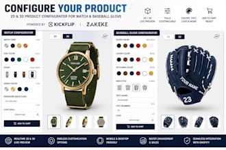 configure your product on shopify 2d 3d watch and baseball glove kickflip zakeke