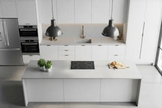 do a 3d bedroom, kitchen and sitting room with rendering