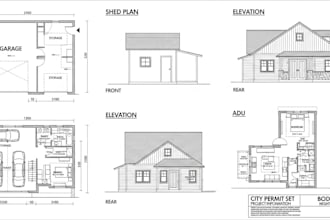 do garage floor plan shed plan adu and elevation for city permit approval
