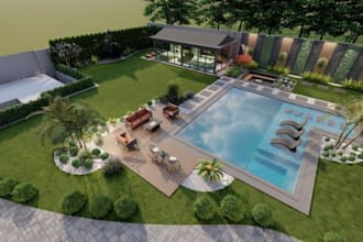 do backyard landscape design with pool, deck, pergola, and patio 3d renderings