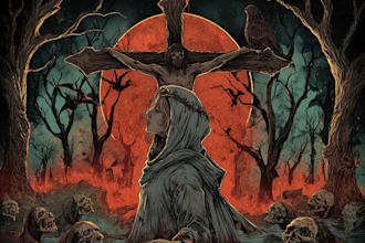 make an dark,horror, creepy illustration with vintage comic art style