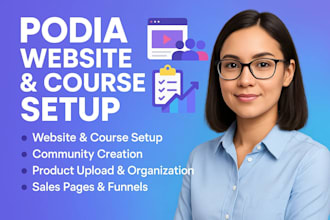 setup your website, community, course products, online course on podia