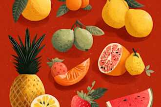 draw food, drink, fruit, vegetables illustration