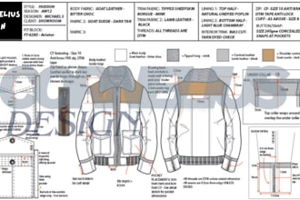 clothing tech pack, flat sketch apparel and sewing pattern for production